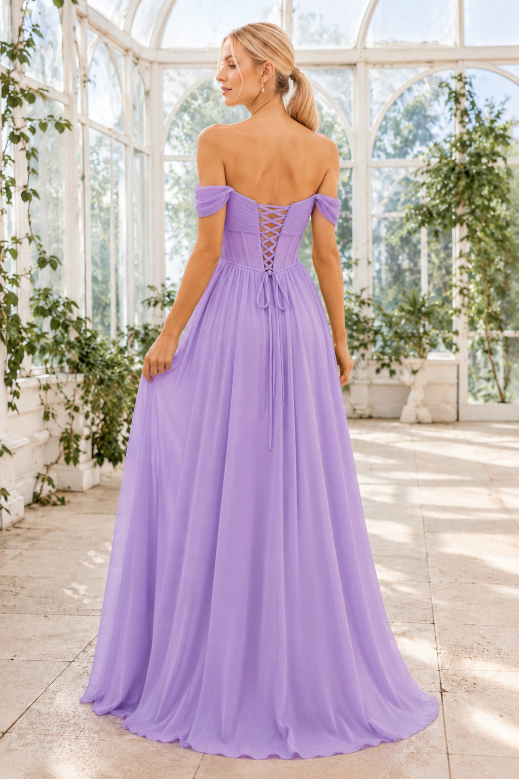 Lavender Off the Shoulder Chiffon A Line Dress with Pleated Bodice Floor Length A Line Bridesmaid Dress back view