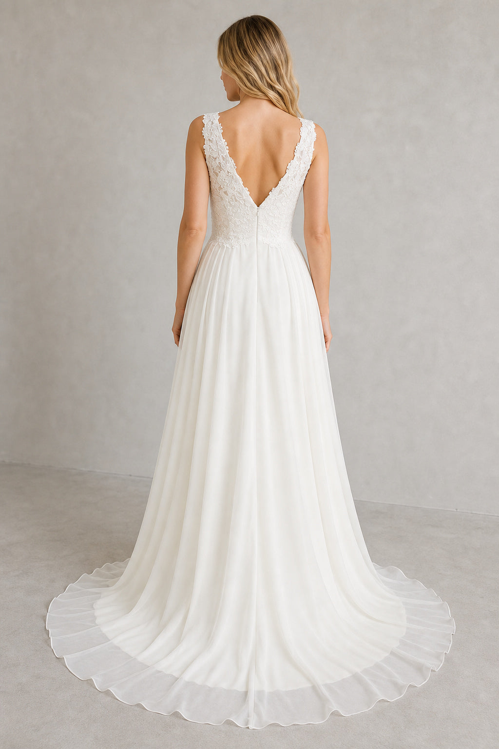 White Bateau Short Sleeves A-Line Satin Floor-length Wedding Dress With Front Slit and Beaded Waist and Open Back Lace Hem Detail