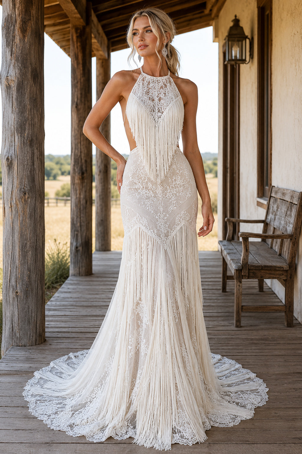 Ivory High Neck Halter Lace Mermaid Wedding Dress with Cutout Back and Sweep Train front view