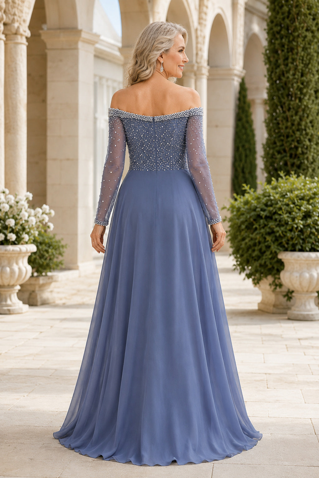 Steel Blue Off the Shoulder A-Line Mother Dress with Beaded Bodice and Chiffon Skirt back view