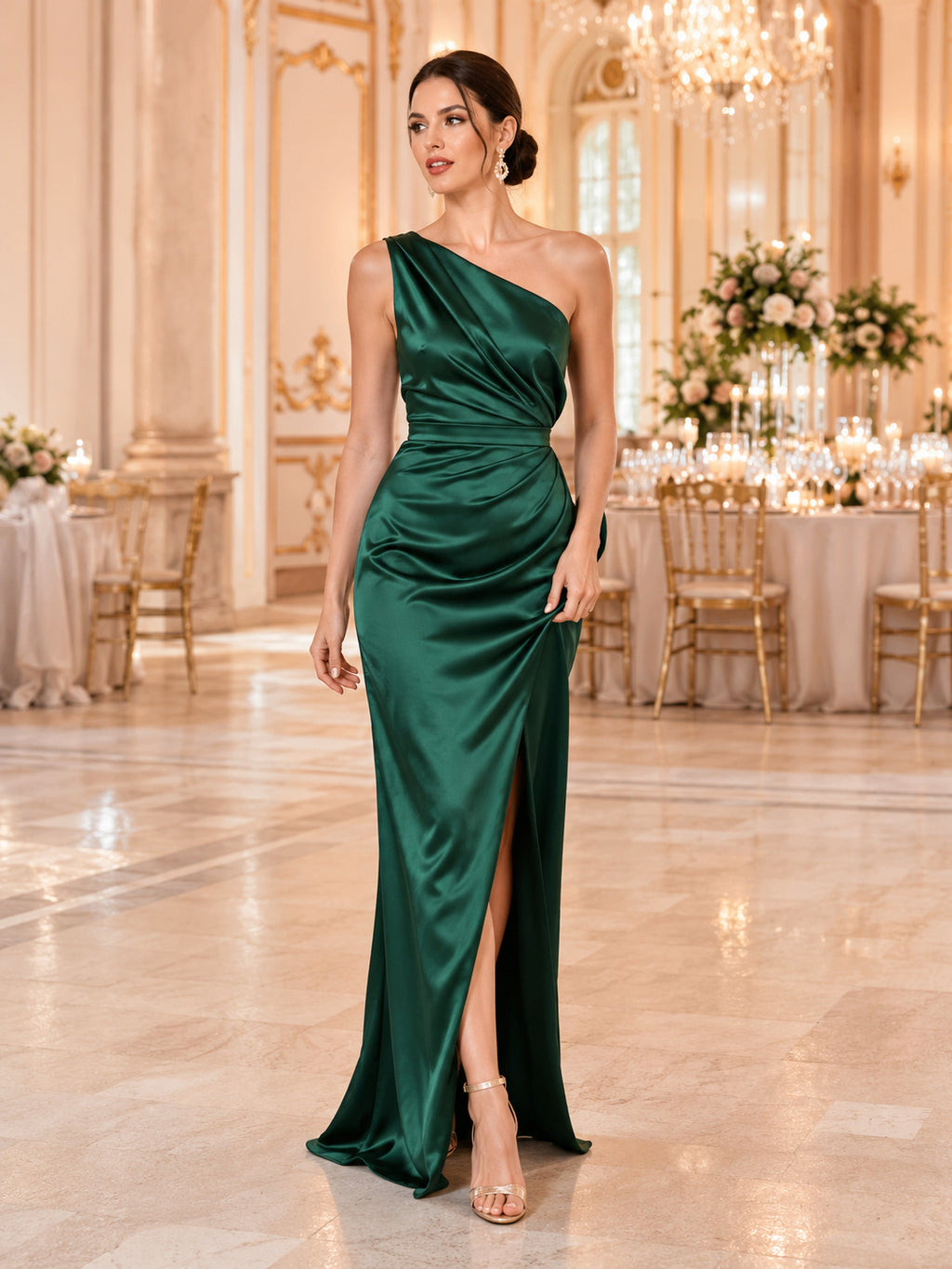 Emerald one shoulder ruched satin slit black tie gown front view
