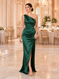 Emerald one shoulder ruched satin slit black tie gown front view