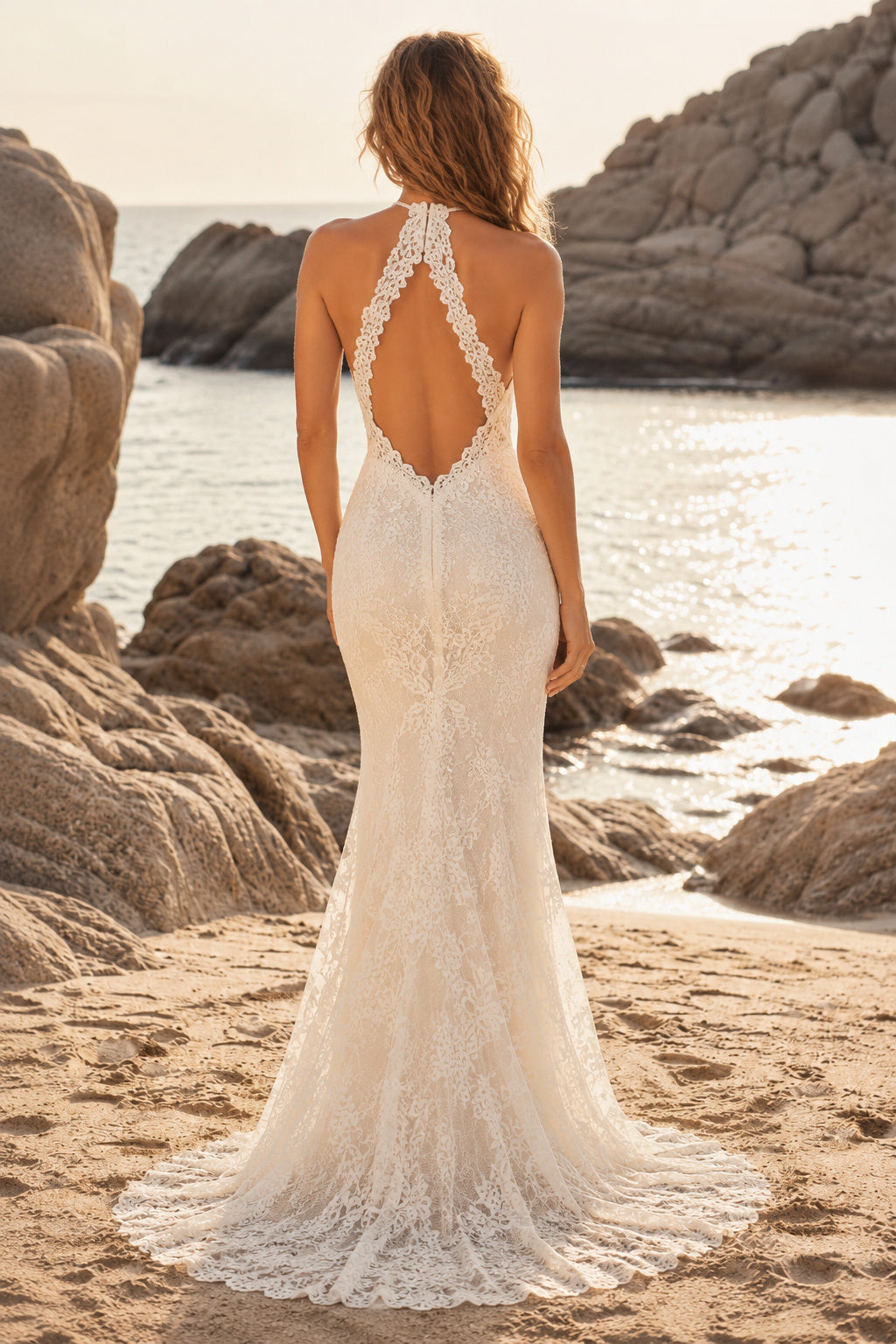 Ivory Halter High Neck Lace Mermaid Wedding Dress Keyhole Back Train for Bridal Ceremony and Reception Style MG_700820 back v