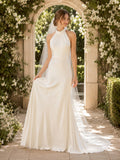 Minimalist Halter Open Back Satin A-Line Garden Wedding Dress front view