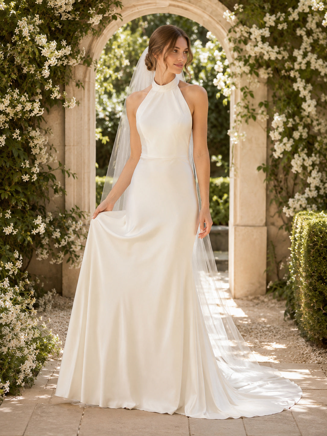 Minimalist Halter Open Back Satin A-Line Garden Wedding Dress front view