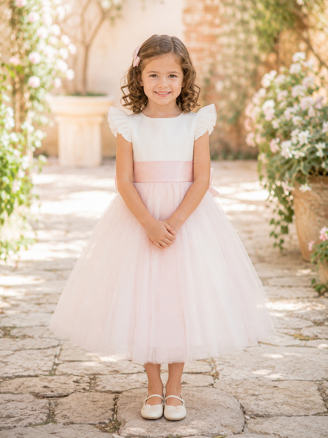 Blush Tulle A-Line Flower Girl Dress with Short Sleeve, Jewel Neck, Tea-Length Skirt, Bow Detail front view