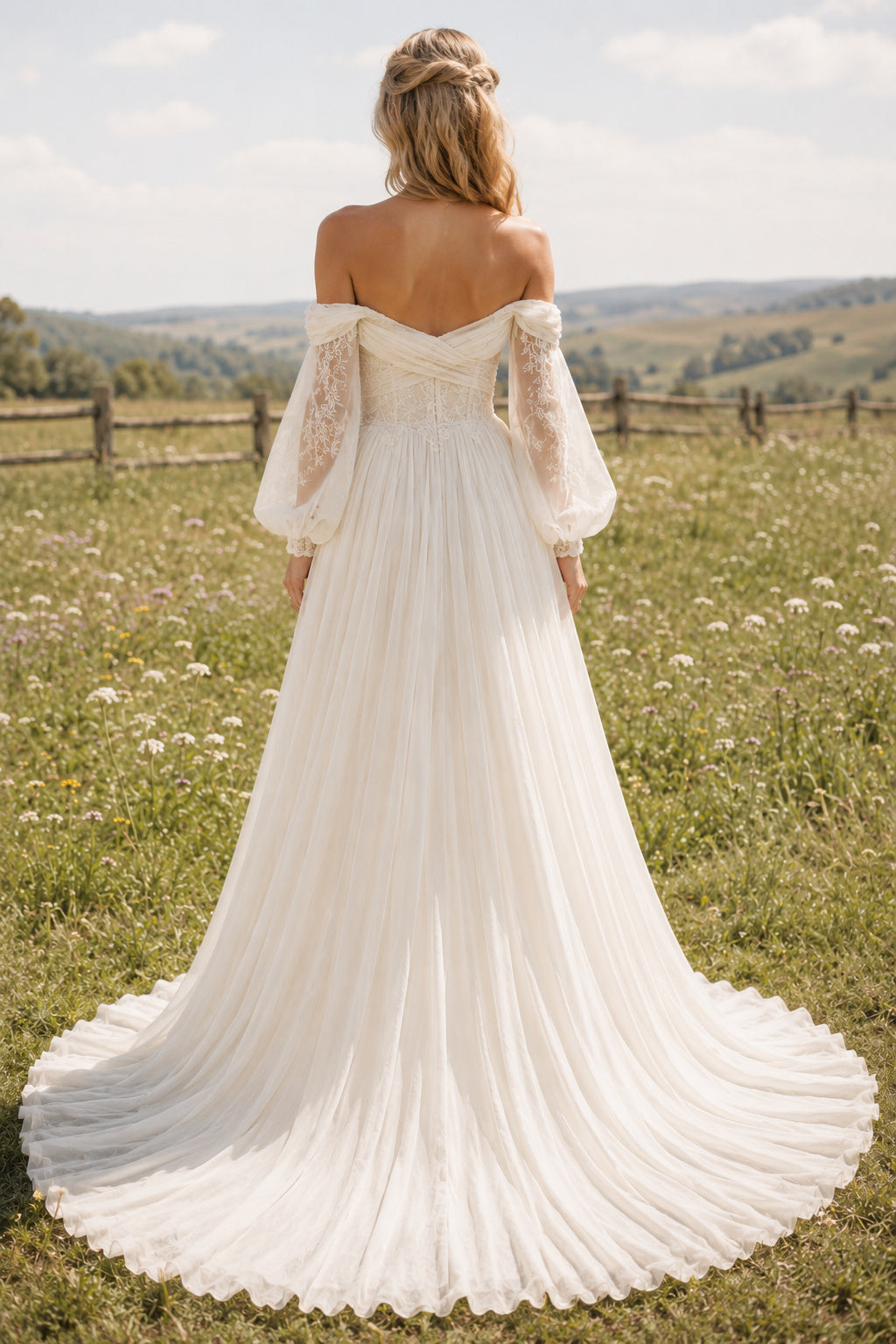 Ivory Off-the-Shoulder Chiffon A-Line Wedding Dress with Puff Sleeves back view