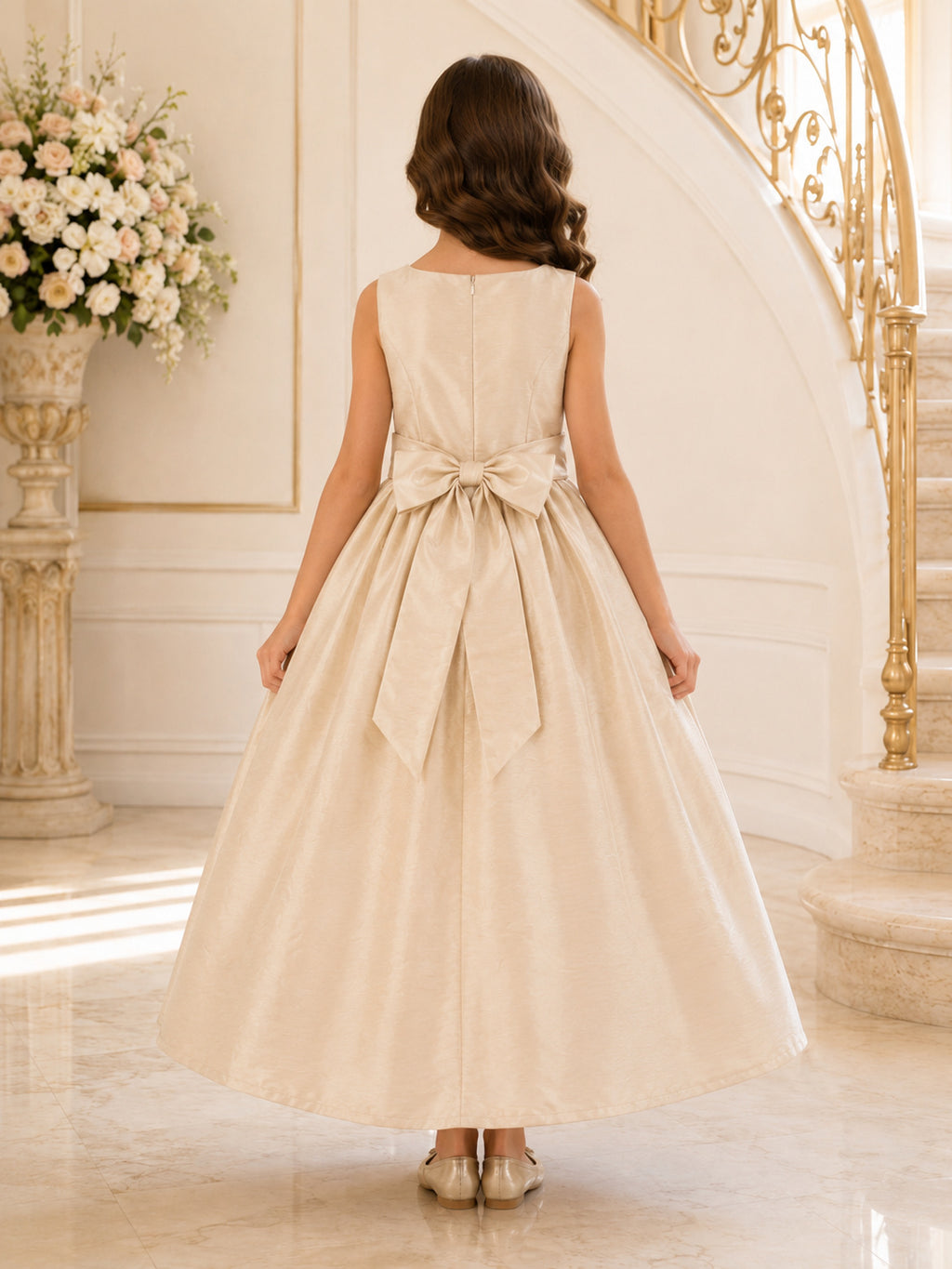 Champagne Luxury Elegant Silk Dupioni Bateau Sleeveless Bow Floor-Length A-Line Formal Flower Girl Dress back view