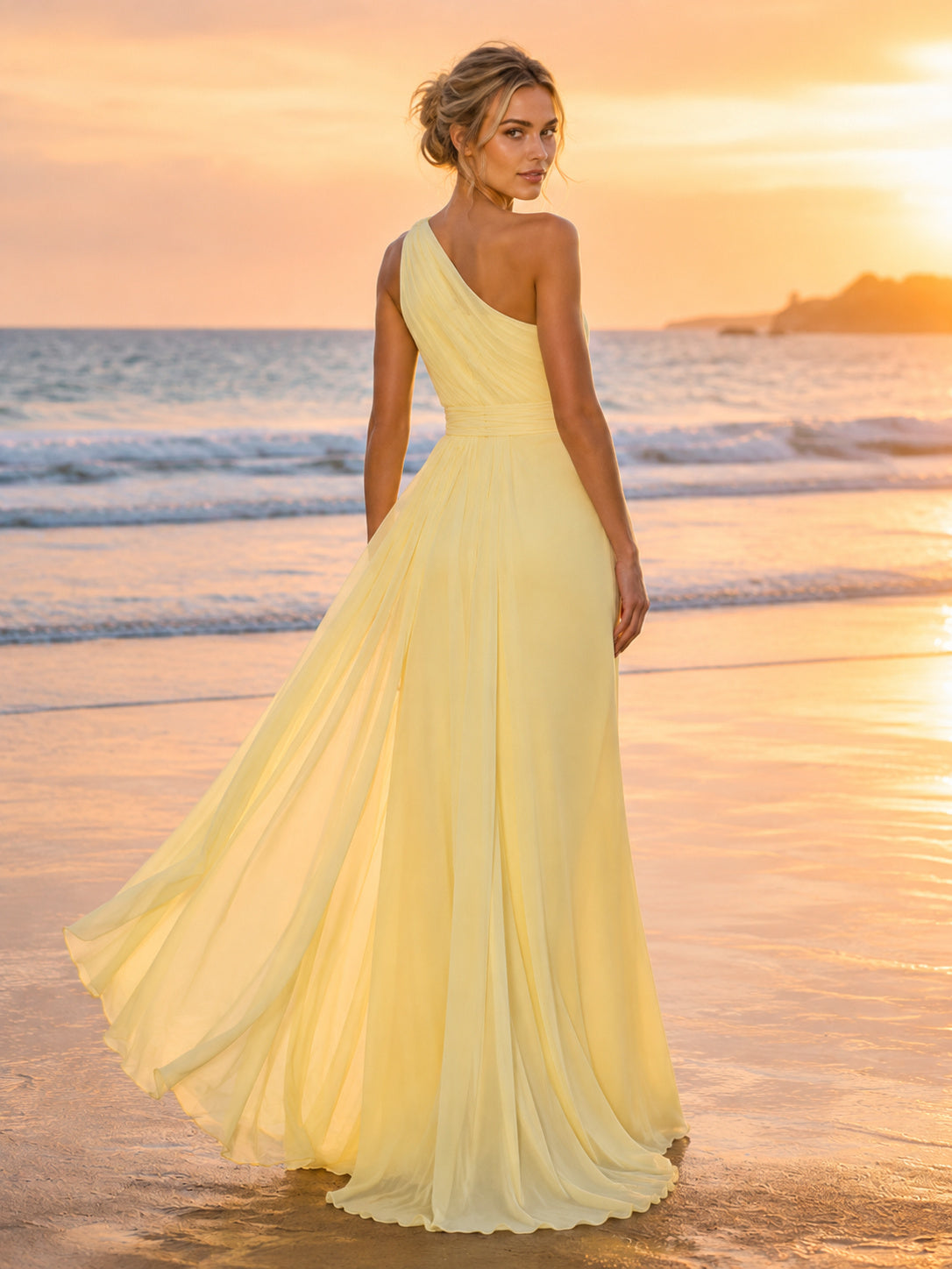 Pale Yellow One Shoulder Chiffon A-Line Sweep Train Beach Wedding Dress back view