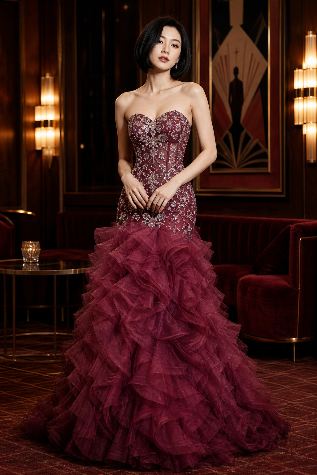 Sweetheart Strapless Mermaid Tulle Floor-Length Dress With Ruffle Skirt