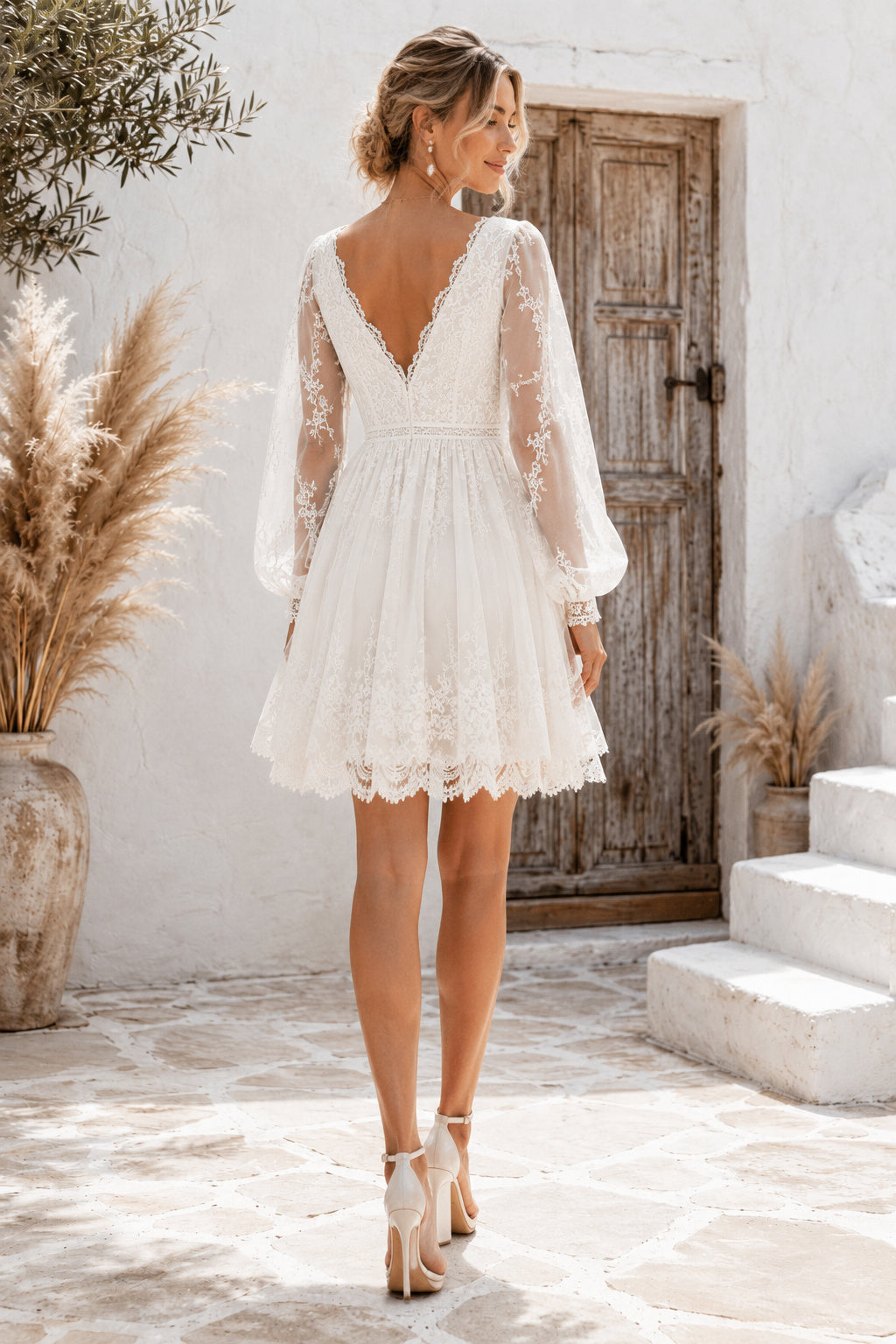 Ivory Long Sleeve Lace Mini Wedding Dress with V-Neckline and Low-V Back for Garden Reception back view