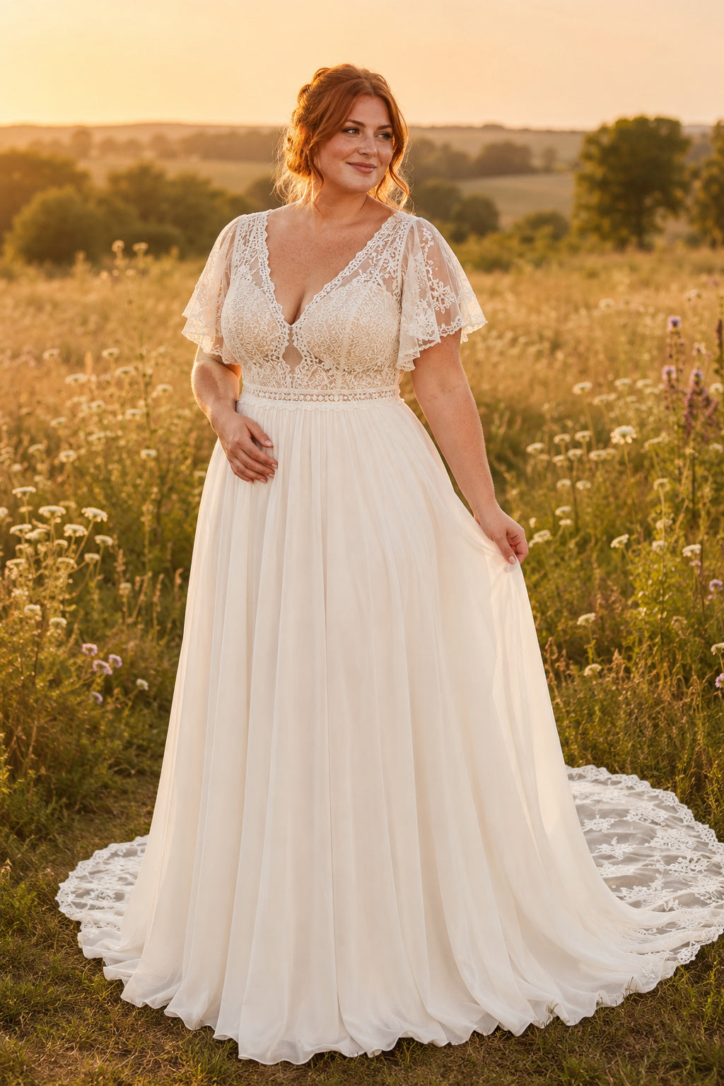 Ivory Plus Size V-Neck Boho Lace A-Line Wedding Dress with Flutter Sleeves and Train front view