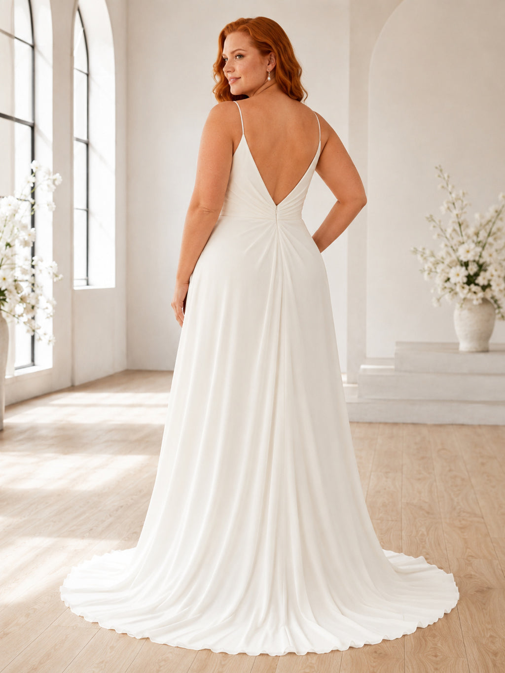 Simple Plus Size Deep V-Neck Spaghetti Strap Chiffon Sheath Open Back Wedding Gown back view