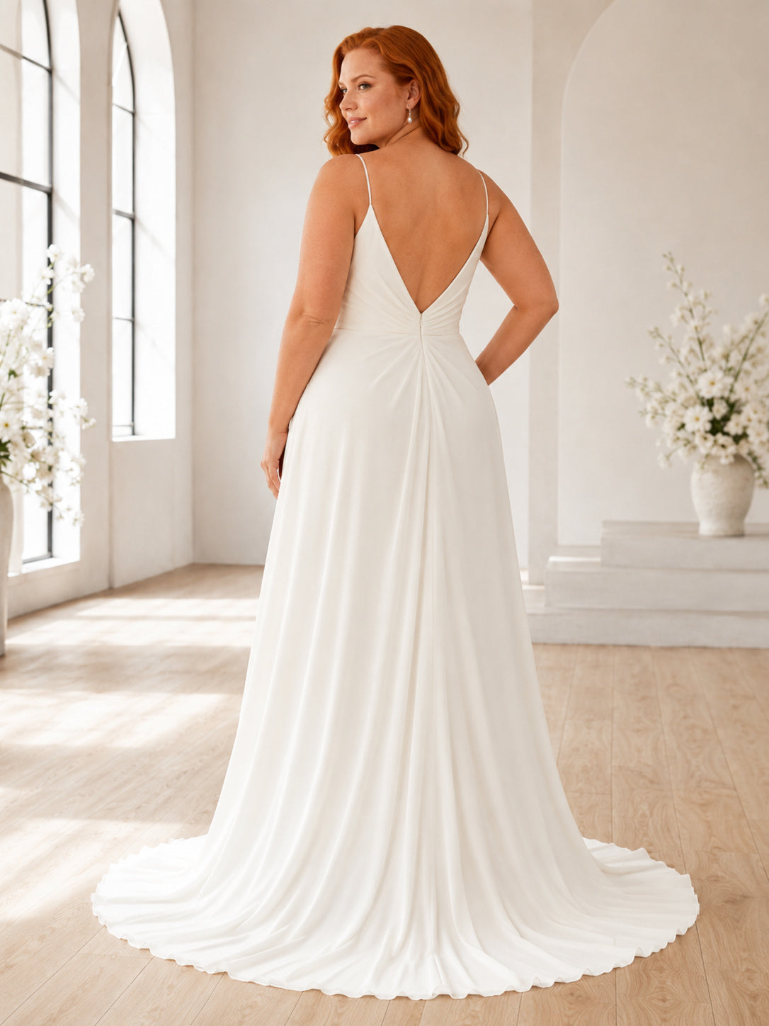 Simple Plus Size Deep V-Neck Spaghetti Strap Chiffon Sheath Open Back Wedding Gown back view
