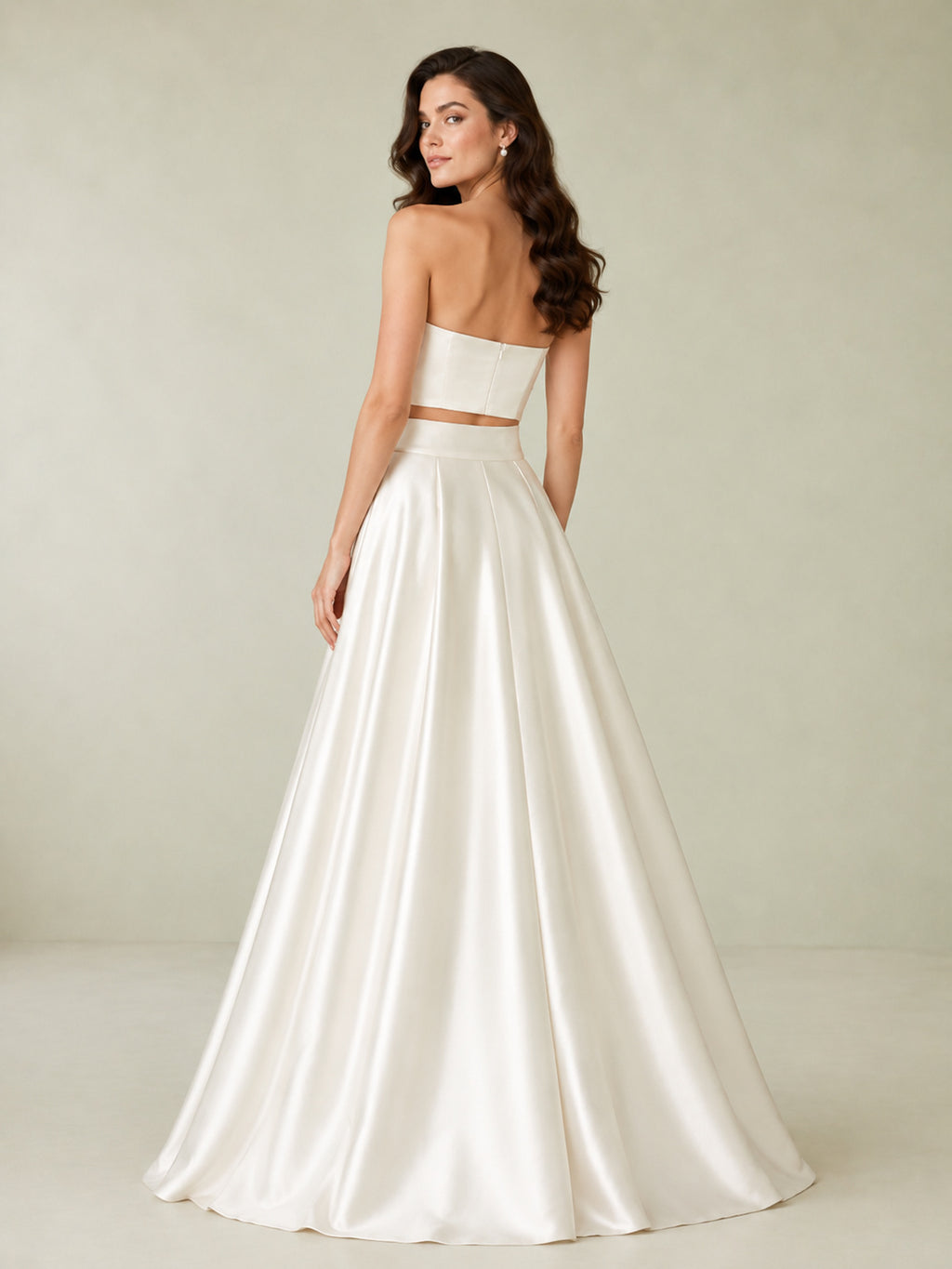 Classic Strapless Satin Crop Top Ballroom Skirt Bridal Set back view