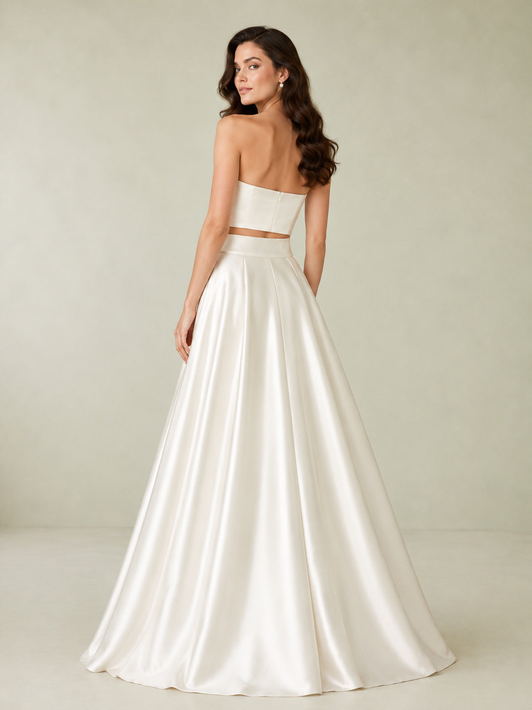 Classic Strapless Satin Crop Top Ballroom Skirt Bridal Set back view