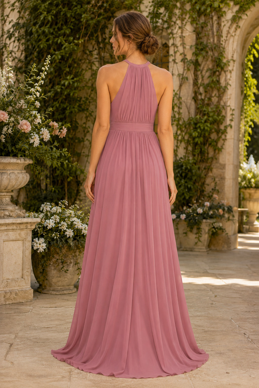 Dusty Rose Halter Chiffon A-Line Bridesmaid Dress with High Neck and Pleated Bodice back view