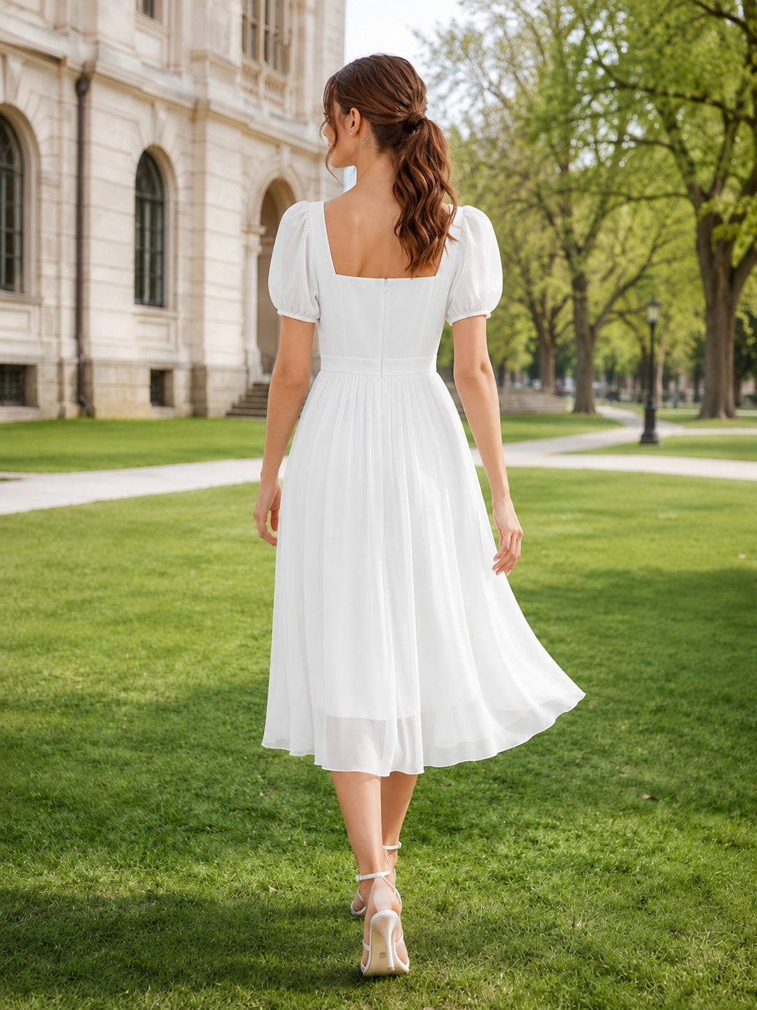 White Puff Sleeve Chiffon Midi Graduation Ceremony Dress back view