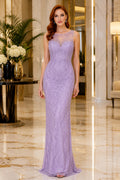 Lavender Jewel Neck Lace Sequin Sheath Formal Dress with Illusion Back front view