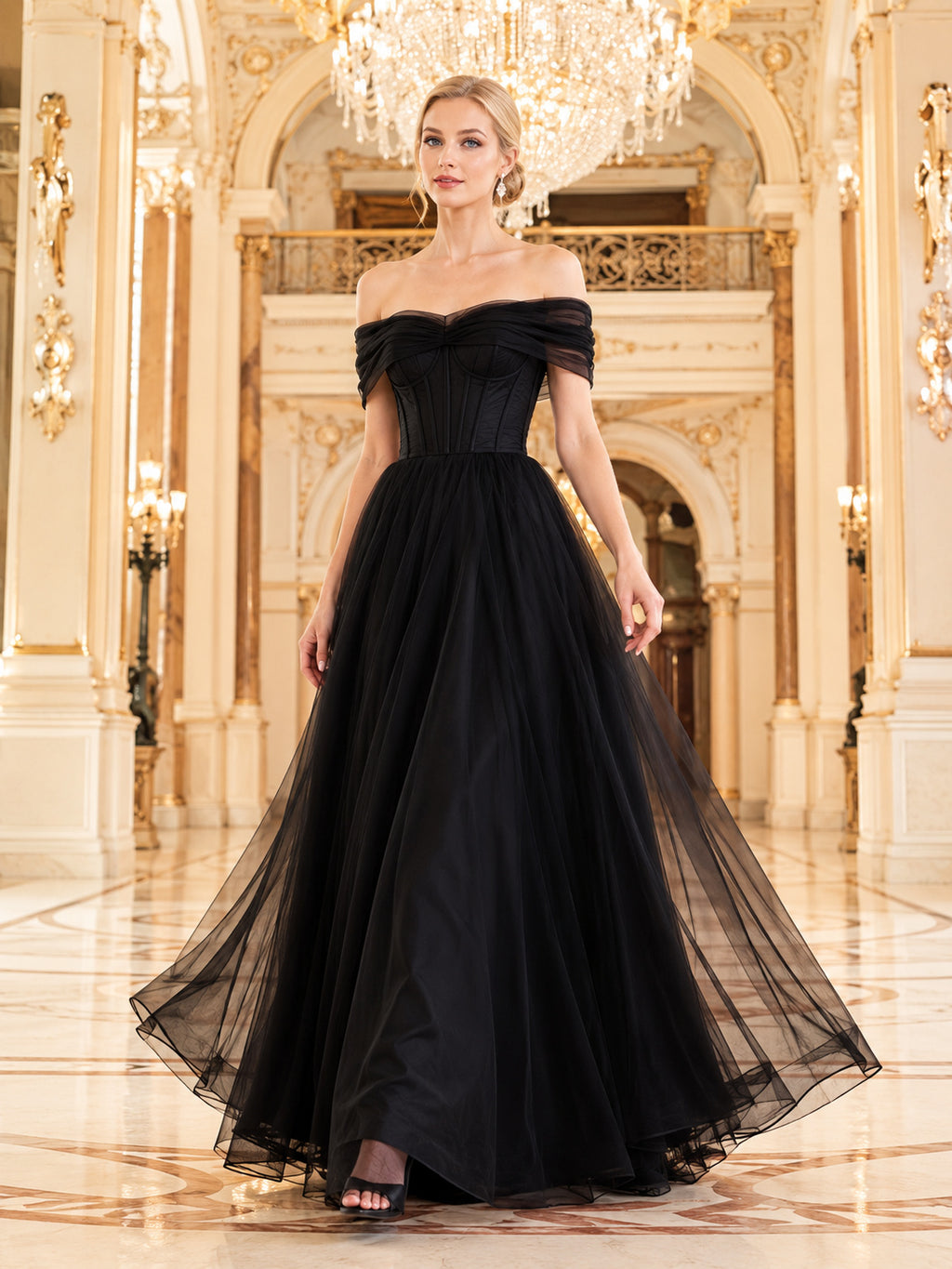 Black off shoulder tulle ballroom opera evening gown front view