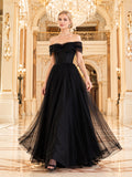Black off shoulder tulle ballroom opera evening gown front view