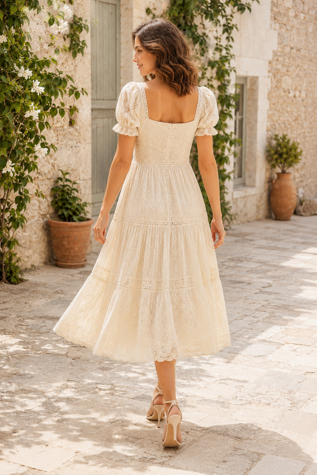 Cream Square Neck Puff Sleeve Tea Length Wedding Dress with Lace Tiered Skirt for Garden Reception Party back view