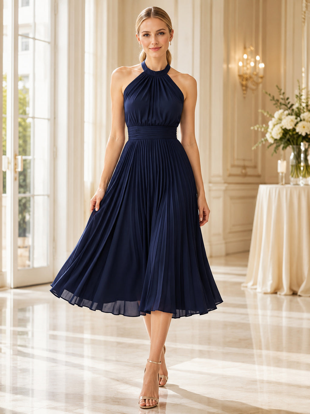 Navy Chiffon Halter Pleated Tea Length Banquet Dress front view
