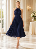 Navy Chiffon Halter Pleated Tea Length Banquet Dress front view