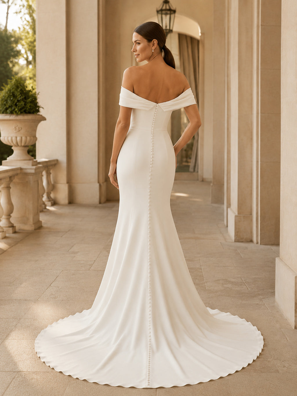 Minimalist Stretch Satin Wedding Dress Mermaid Off Shoulder Sweep Train Bridal Gown back view