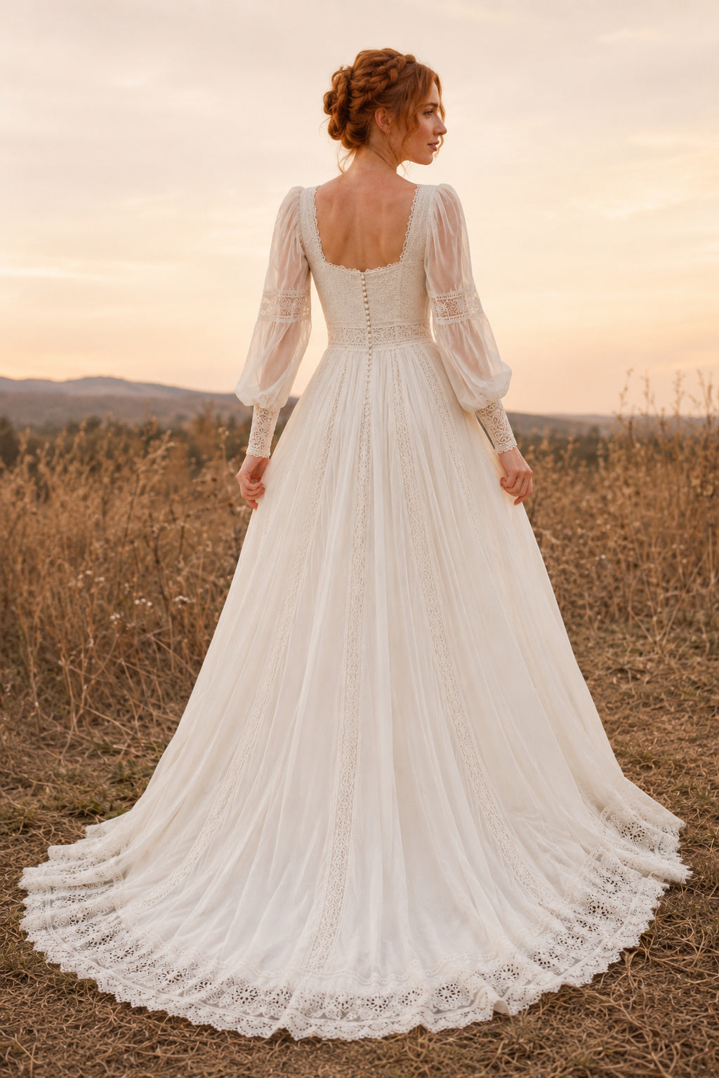 Ivory Square Neck Bishop Sleeve Simple A-Line Wedding Dress with Lace Hem and Train back view