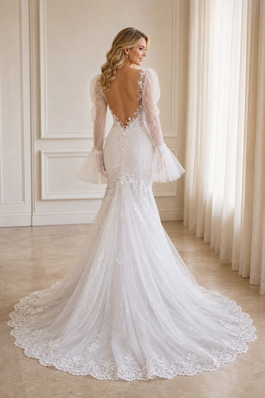 White Square A-Line Satin Floor-length Wedding Dress With Front Slit and Beaded Waist and Open Back Lace Hem Detail