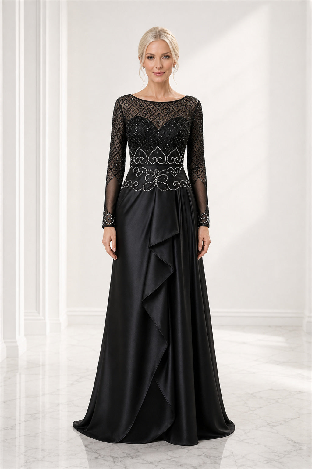 Black Bateau Long Sleeve Sheath Satin Floor-Length Dress With Lace Bodice