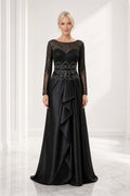 Black Bateau Long Sleeve Sheath Satin Floor-Length Dress With Lace Bodice