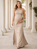 Taupe Maternity One Shoulder Draped Satin Sheath Floor Length Modern Evening Gown front view