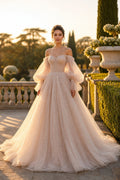 Champagne Off-the-Shoulder Floor-Length Tulle Ball Gown