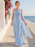 Sky blue one shoulder chiffon cape summer mother gown front view