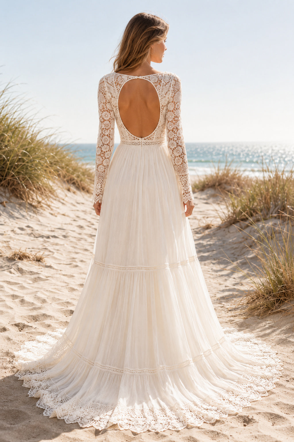 Long Sleeve Scoop Neck A-Line Wedding Dress with Lace Sleeves and Tiered Tulle Train back view