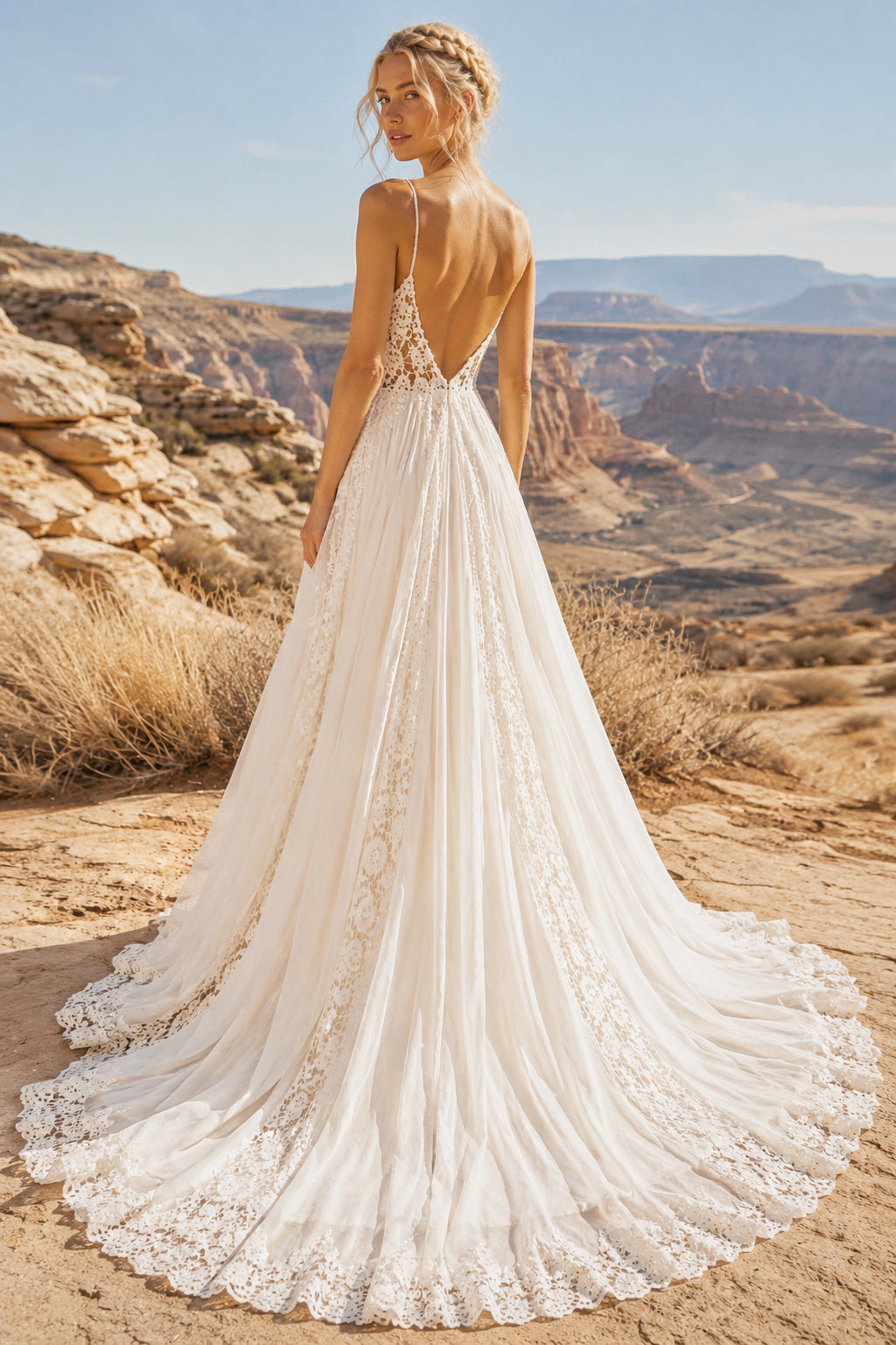 Ivory Spaghetti Deep V Lace Tulle A-Line Wedding Dress Split Train for Wedding Ceremony and Reception back view