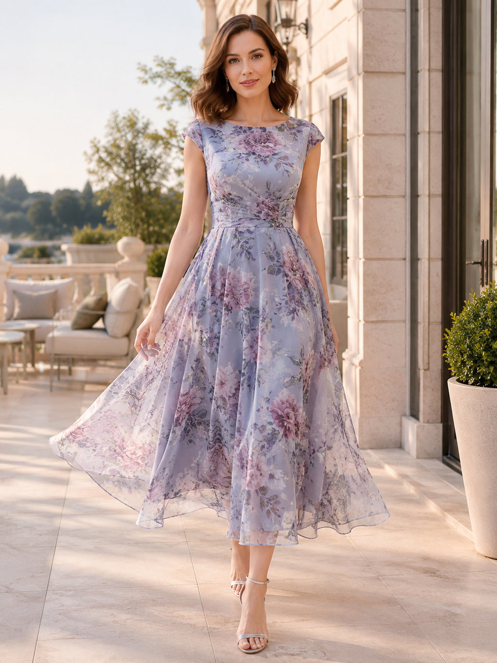 Blue floral organza sleeveless jewel neck tea length occasion dress front view