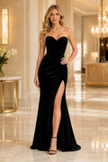 Black Strapless Velvet Mermaid Prom Dress with Sweetheart Neckline and High Slit front view