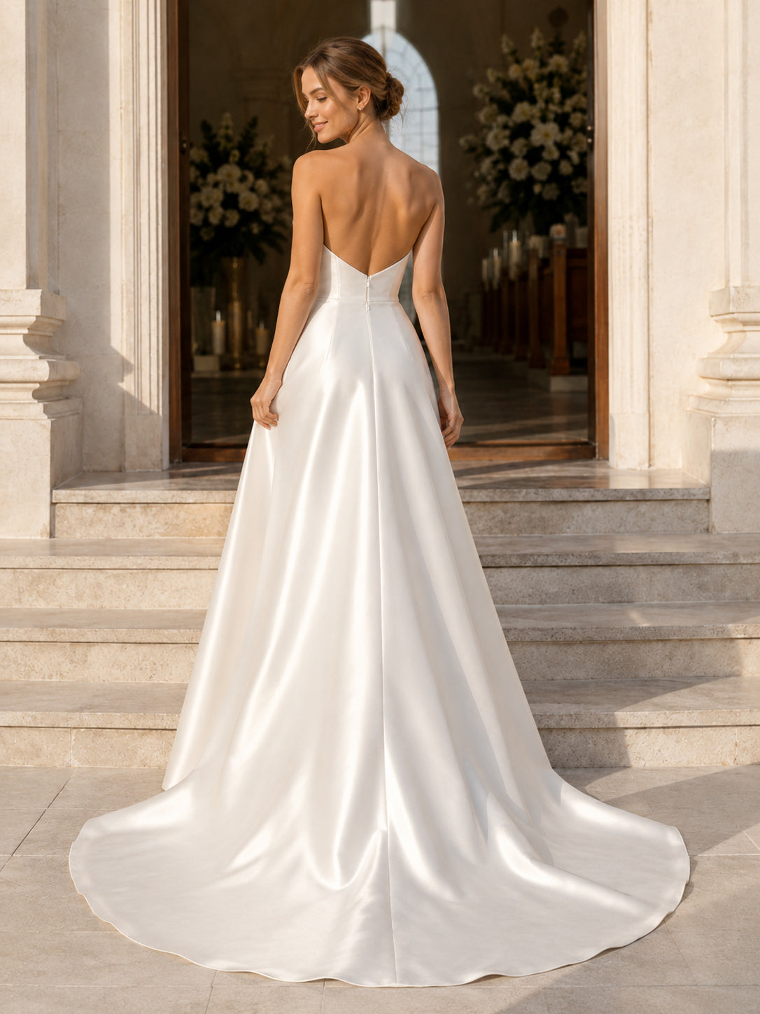 Petite Minimalist Satin Wedding Dress A-Line Strapless Sweetheart Court Train Low V Back Bridal Gown back view