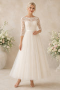 Ivory Long Sleeve Lace Tea-Length Wedding Dress with Full Tulle Skirt front view