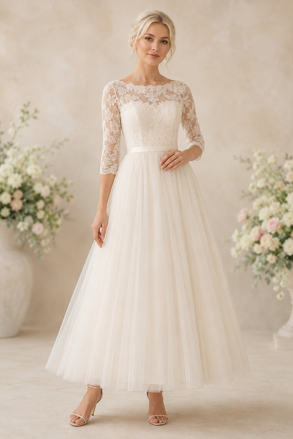 Ivory Long Sleeve Lace Tea-Length Wedding Dress with Full Tulle Skirt front view