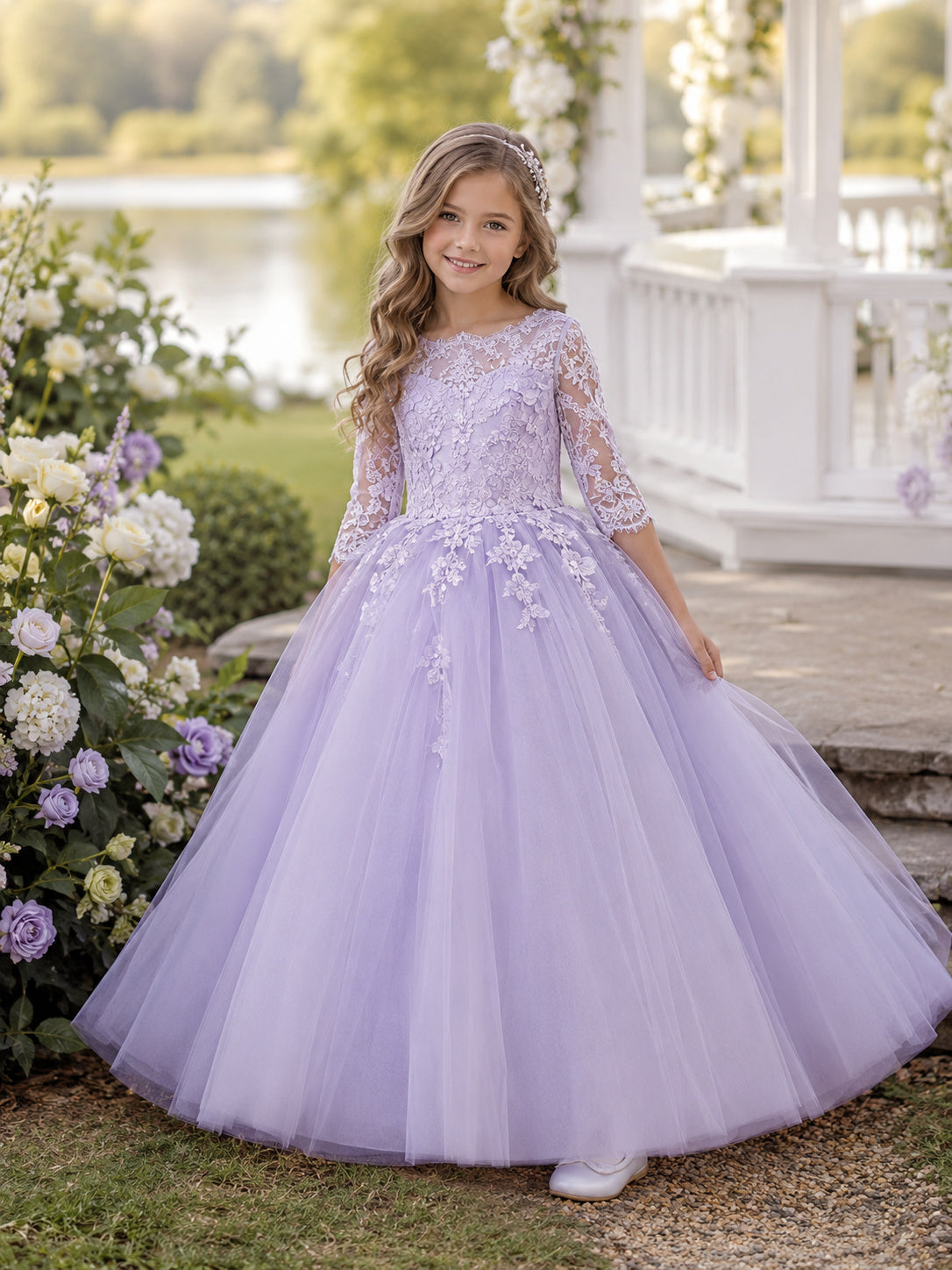 Lavender Floral Tulle Ball Gown Flower Girl Dress with Floor-Length Skirt front view