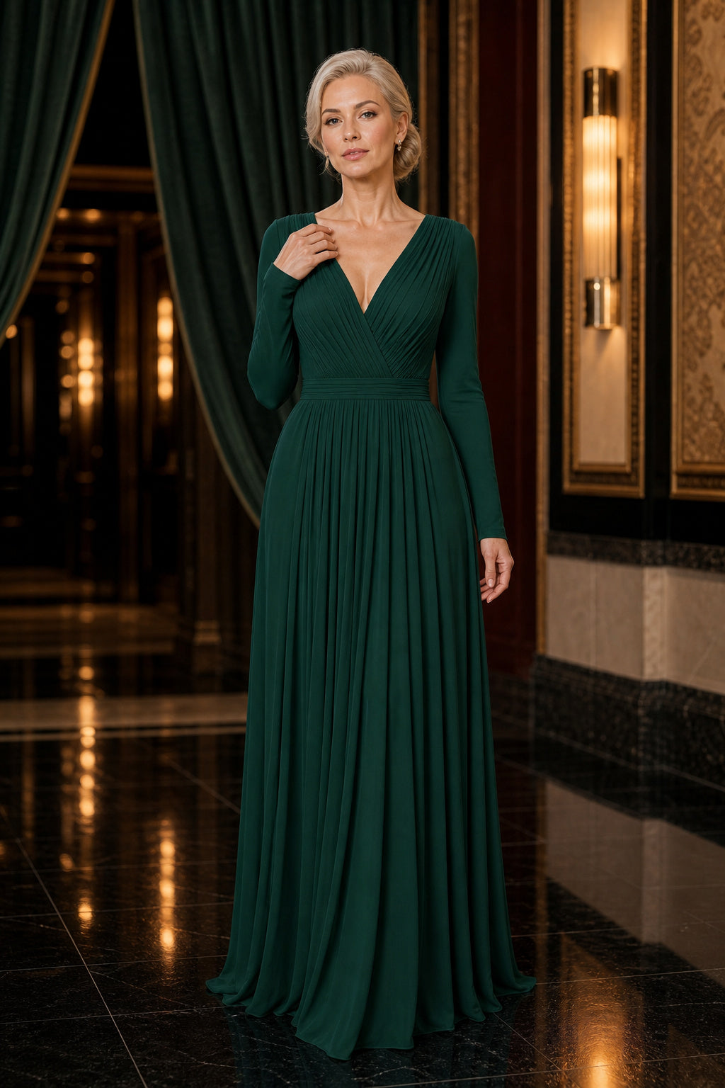 Emerald V-neck Long Sleeve A-Line Chiffon Floor-Length Dress With Ruffle Skirt