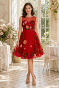 Red Bateau Sleeveless A-Line Tulle Knee-Length Dress With Floral Appliques