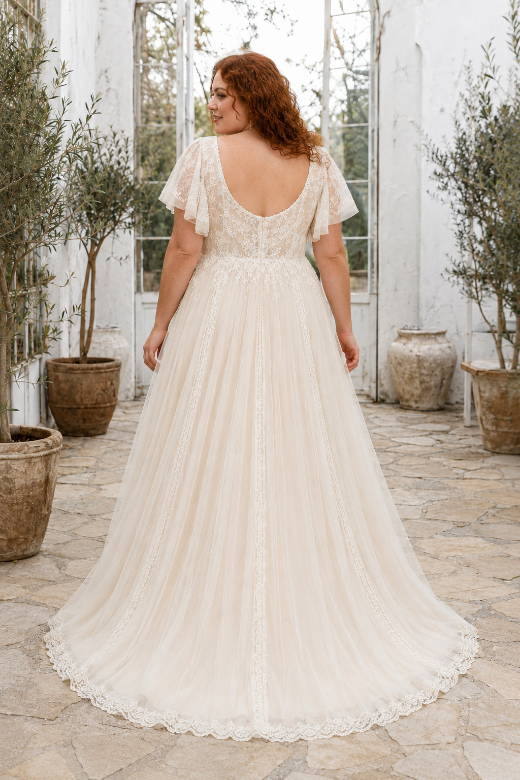 Plus Size Sweetheart Tulle A-Line Wedding Dress with Lace Flutter Sleeves back view