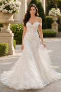 Off-the-Shoulder Lace Mermaid Wedding Dress with Sweep Train front view