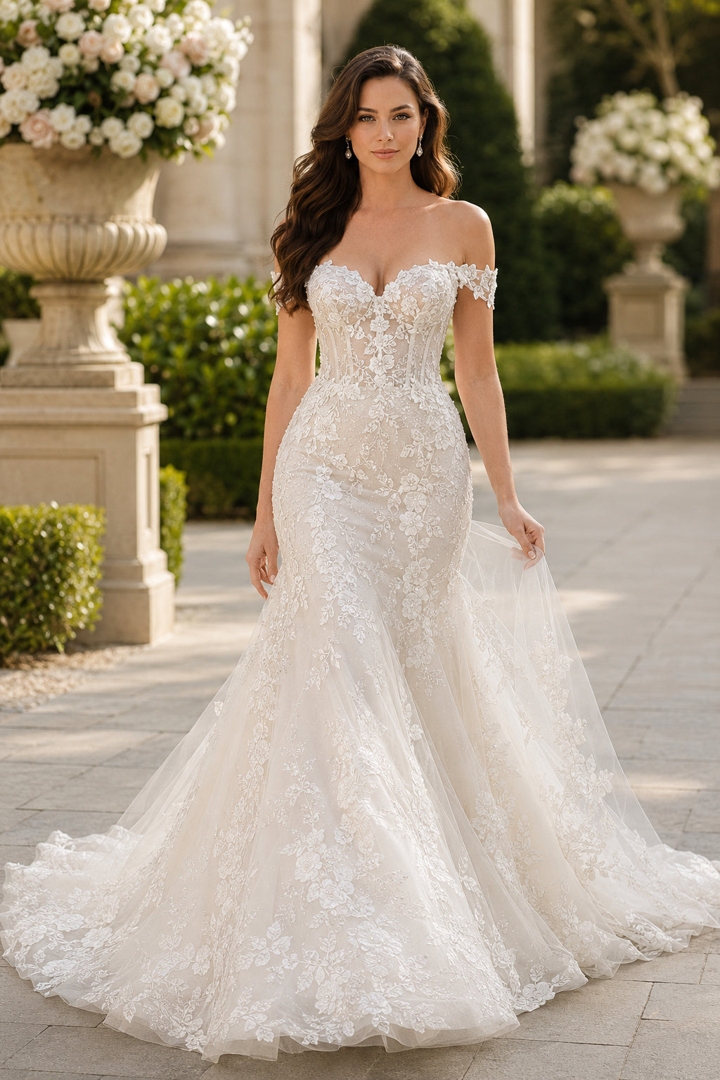 Off-the-Shoulder Lace Mermaid Wedding Dress with Sweep Train front view