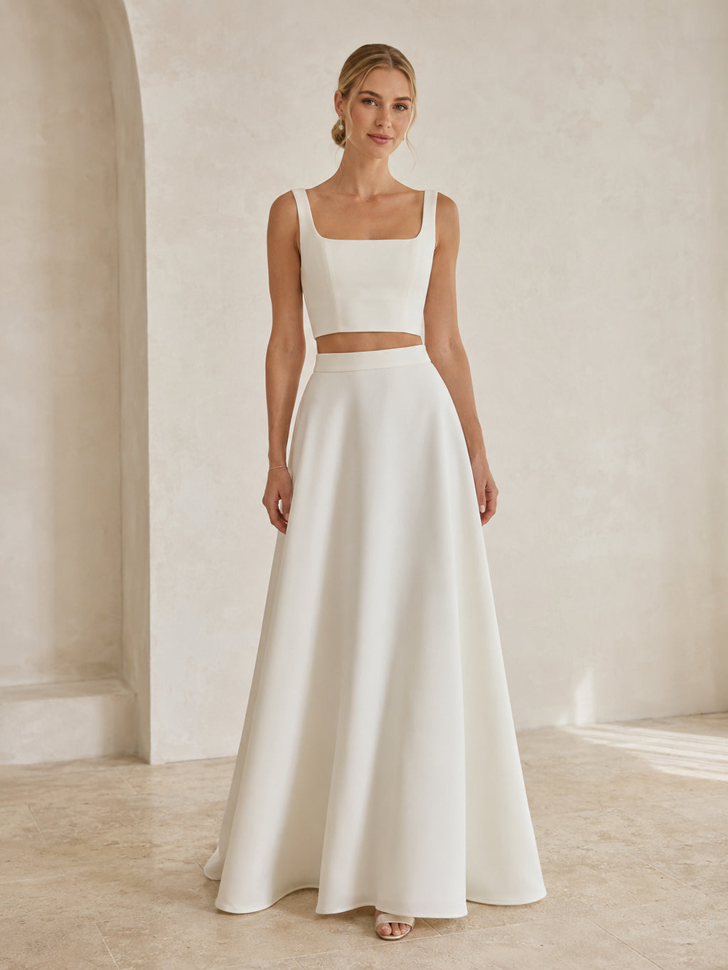 Minimal Bridal Two Piece Square Neck Straps Satin A-Line Floor Wedding Outfit front view